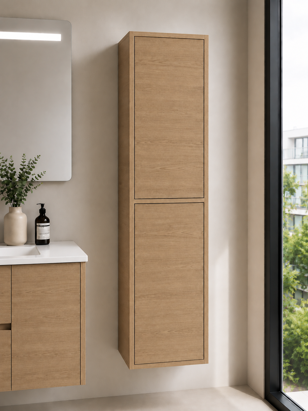 Badkamermeubelset VOLUM met wastafel + LED-spiegel + kolomkast van 140 cm + eengreepsmengkraan – steppenkleur – 80/100/120 cm