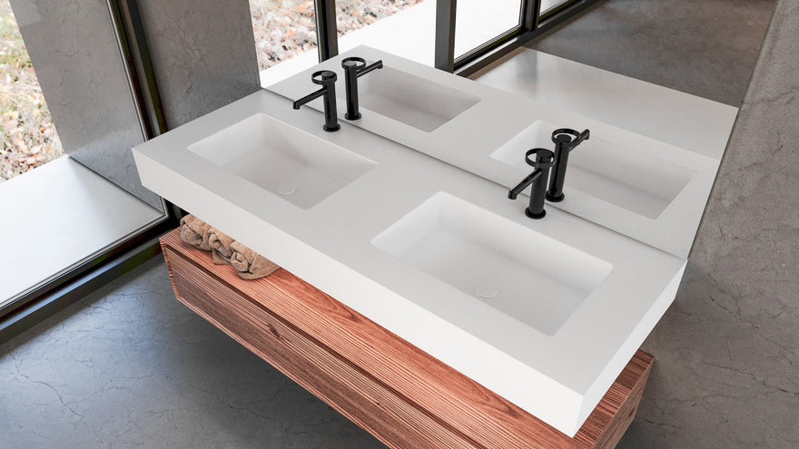 LEX Solid Surface wastafelblad met 2 onderbouwwasbakken, voorpaneel tot 12 cm